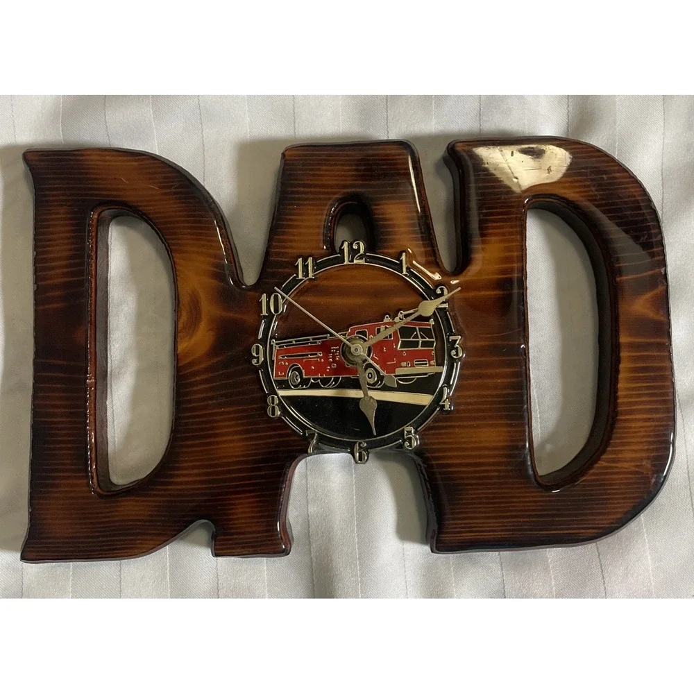 Vintage 80's Hand Carved Wood Clock With Inlaid Fire Truck Man Cave‎ Garage
